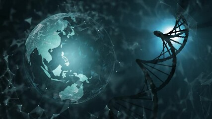 Earth globe world map and rotating of a dna helix molecule on futuristic copy space animation background.	
 - Powered by Adobe