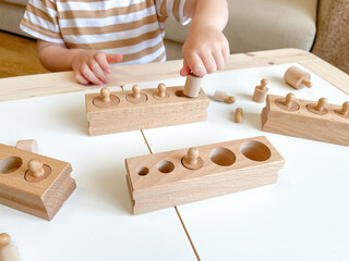 Sensor cylinder block. The child is playing. Educational wooden toy for teaching. Montessori...