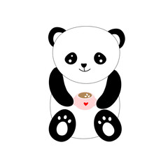 Flat vector of funny little panda . Cartoon character of cute bamboo bear. Panda holdind cup of cofee with marshmello. Graphic design for children print, sticker. Funny little pand