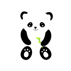 Flat vector of funny little panda . Cartoon character of cute bamboo bear. Panda holdind bamboo. Graphic design for children print, sticker. Illustration of panda toy, bear animal black white.