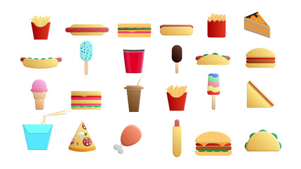 Fototapeta na wymiar Set of 28 icons of delicious food and snacks items for a cafe bar restaurant on a white background: french fries, hot dog, sandwich, cake, ice cream, popcorn, burger