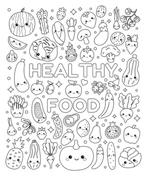 Naklejki Doodle coloring page with cute vegetables and fruits. Set of healthy food with funny faces. Kawaii cartoon characters. Black and white outline vector illustration.