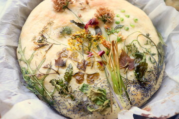 Focaccia flowers, focaccia garden. Creative idea of focaccia cooking. Crispy focaccia with...