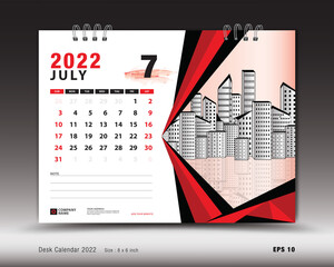 July 2022 year, Desk calendar 2022 template, Printable, Planner, Wall calendar design, Week starts on Sunday, Stationery design, Printing media, advertisement, vector illustration