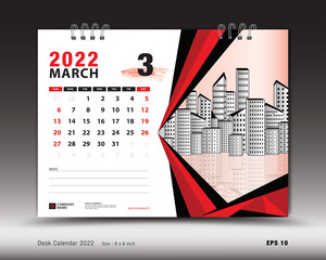 March 2022 year, Desk calendar 2022 template, Printable, Planner, Wall calendar design, Week starts on Sunday, Stationery design, Printing media, advertisement, vector illustration