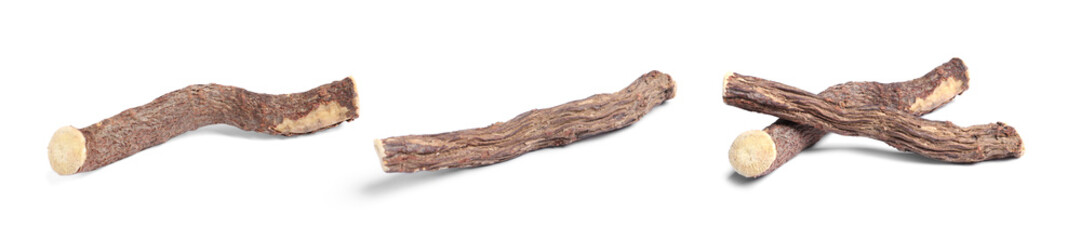 Set with dried sticks of liquorice root on white background. Banner design