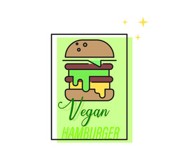 Vector illustration in flat and linear style. vegan burger. Healthy food for vegetarian with greens and bread. food packaging or cafe label.
