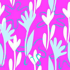 Seamless pattern with handdrawn abstract flowers in doodle style,simple floral illustration,tender spring print for wallpaper and wrapping paper,cover design,fabric,holiday decoration,pink background