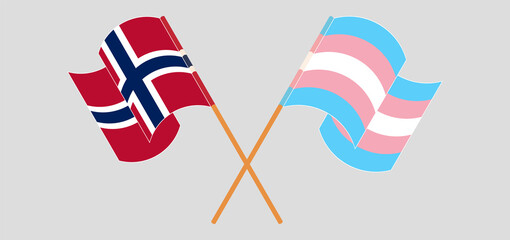 Crossed and waving flags of Norway and transgender pride