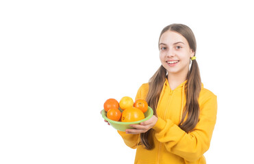 cheerful child with citrus fruit full of vitamins isolated on white copy space, vitamin