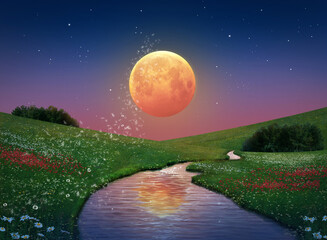 Fantasy cherry moon over the field and the river