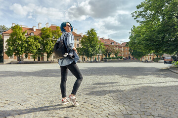 Young female traveler in a european city.