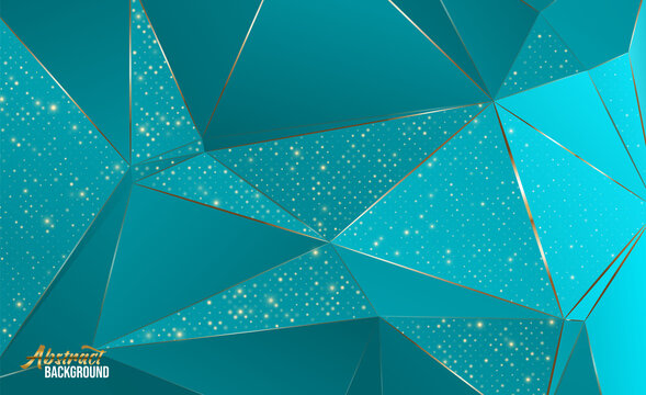 Abstract Triangle Geometric Background. Geometric polygon design with shining golden glitter. Teal aqua blue. Vector Illustration.