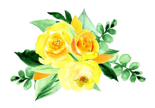 Bouquet of yellow roses, watercolor hand drawing illustration, isolated, white background. Design element