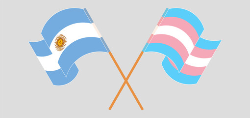 Crossed and waving flags of Argentina and transgender pride
