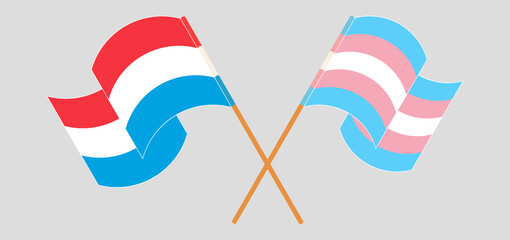Crossed and waving flags of Luxembourg and transgender pride