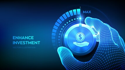 Investing and finance growth business concept. Strategy and return on investment. Wireframe hand setting invest knob button on highest position. Increasing profit income strategy. Vector illustration.