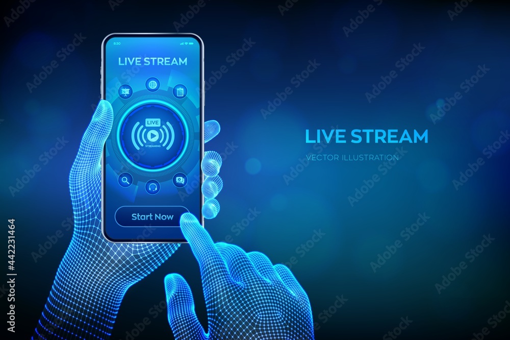 Poster live streaming concept on virtual screen. webinar. online translation. internet conference. web base