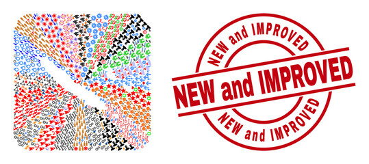 Vector mosaic New Caledonia Islands map of different pictograms and New and Improved seal stamp. Mosaic New Caledonia Islands map constructed as carved shape from rounded square shape.