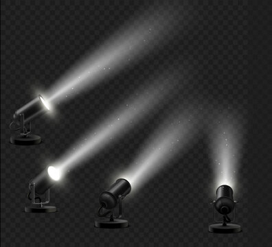 Realistic set of black floor lamps with light ray effect to decorate a showroom or showcase podium on a dark background.