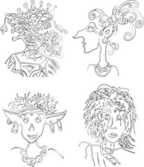 Vector contour drawings of portraits various fictional characters