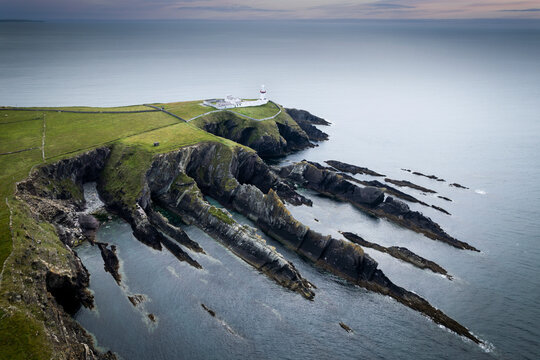 Aerial view of Galley Head Lighthouse in Rathbarry near Rosscarbery, County Cork, on the south coast of Ireland.