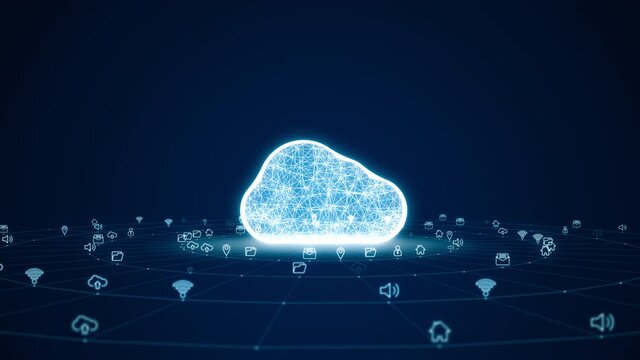 Motion graphic of Blue digital 3D cloud logo with futuristic technology icon and line connection with circle rotation on abstract background concept seamless loop video