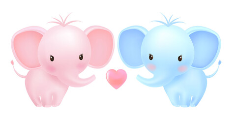 Cute little elephants, pink and blue one. Funny twins, girl and boy. Baby shower greeting card.