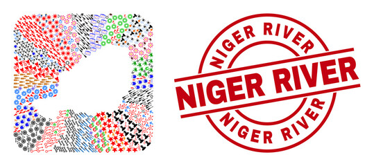 Vector mosaic Niger map of different icons and Niger River stamp. Mosaic Niger map constructed as subtraction from rounded square. Red round seal with Niger River text. - obrazy, fototapety, plakaty