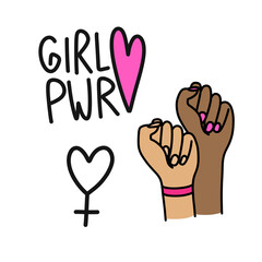 girl power doodle icons, vector color line illustration