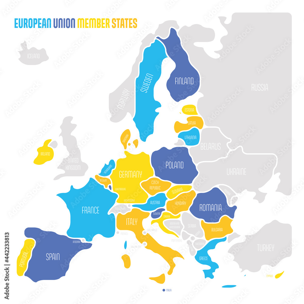 Poster simplified map of eu, european union. rounded shapes of states with smoothed border. colorful simple