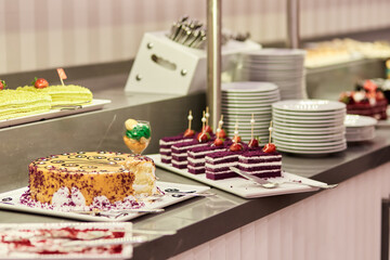 Turkish colorful desserts for picking up from buffet for hotel system of all-inclusive. Copy space