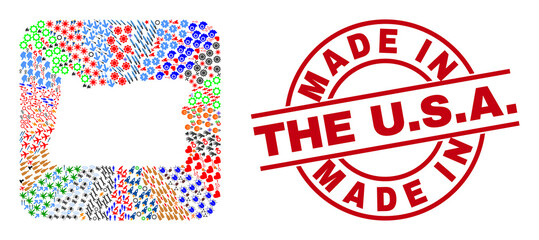 Vector collage Oregon State map of different pictograms and Made in the U.S.A. stamp. Collage Oregon State map designed as hole from rounded square shape. Red round stamp with Made in the U.S.A. text.