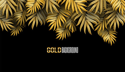 Vector banner with black and gold tropical leaves on a dark background.