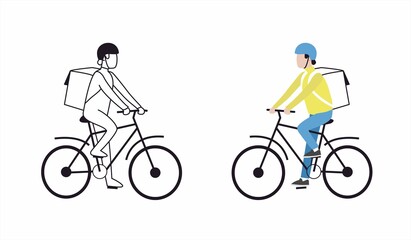 Obraz premium Guy on bike delivers food, vector illustration. Material for pizzerias, cafes, restaurants. Cyclist is in hurry to make online delivery. Travel bag for transporting products. Sustainable transport.