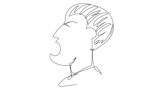 One line animation of a screaming angry man on a white background with an alpha channel. Stock 4k video with upset man with open mouth.