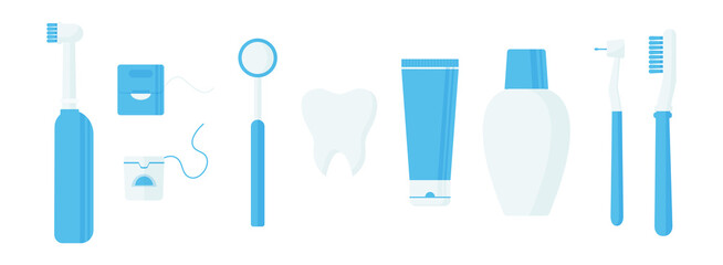 Oral care vector set icon, dentistry hygiene, toothbrushes, toothpaste, floss, tools for mouthwash isolated on white background. Cartoon health illustration