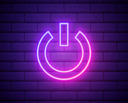 On Off switch, power button icon in neon style. Simple thin line, outline vector of Energy icons for UI and UX, website or mobile application isolated on brick wall.