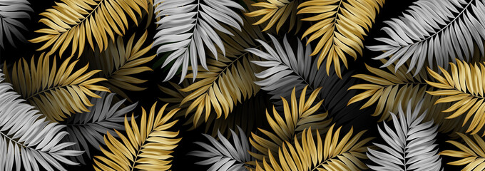 Luxury gold and silver leaf background vector. Tropical pattern design for packaging, wallpaper and print. Vector illustration.