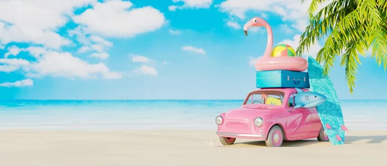 Poster Pink car with luggage and beach accessories ready for summer vacation. Creative travel concept idea with copy space 3D Render 3D illustration © brankospejs
