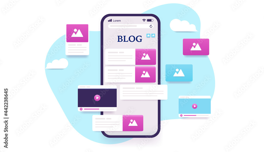 Aufkleber Blog on smartphone - Device screen with bloggers website with images, video and text content. Vector illustration with white background.