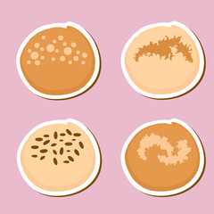 Set of stickers from four various delicious buns. Hand drawn vector illustration for decor and design.
