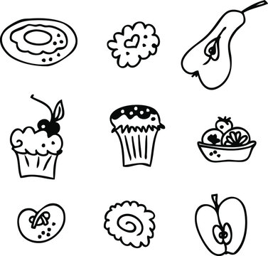 Set of black and white pastries and fruits icons. Hand drawn vector illustration for decor and design.
