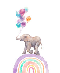 Watercolor cute birthday card. Baby elephand bring air balloons. Isolated cartoon design on white background