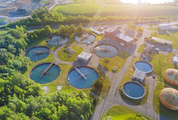 Aerial view of drinking water treatment plants for big city from water management - obrazy, fototapety, plakaty