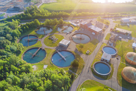 Aerial view of drinking water treatment plants for big city from water management