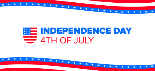 Independence Day 4th of July Banner Design Template with Waving American Flag Style Border. Vector Banner with Bold Text and Flag of America Emblem on White Background. 