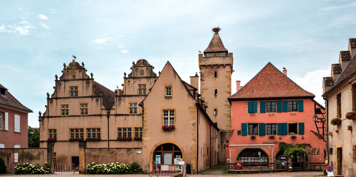 Medieval city of Rouffach in Alsace. Fortifications, towers, cathedral, old town.