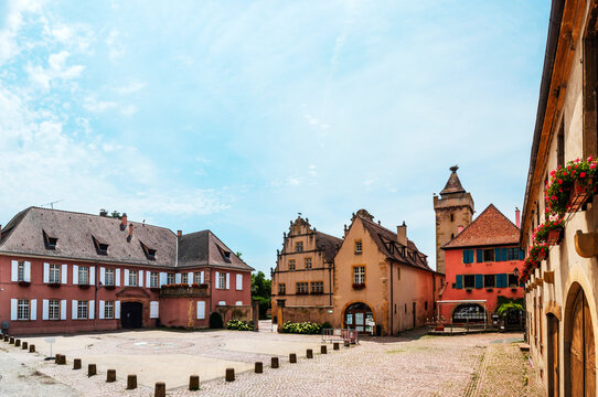 Medieval city of Rouffach in Alsace. Fortifications, towers, cathedral, old town.