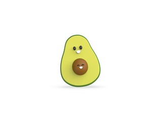 Happy smiling Slice of Avocado with a single large seed. 3D render model isolated white background.